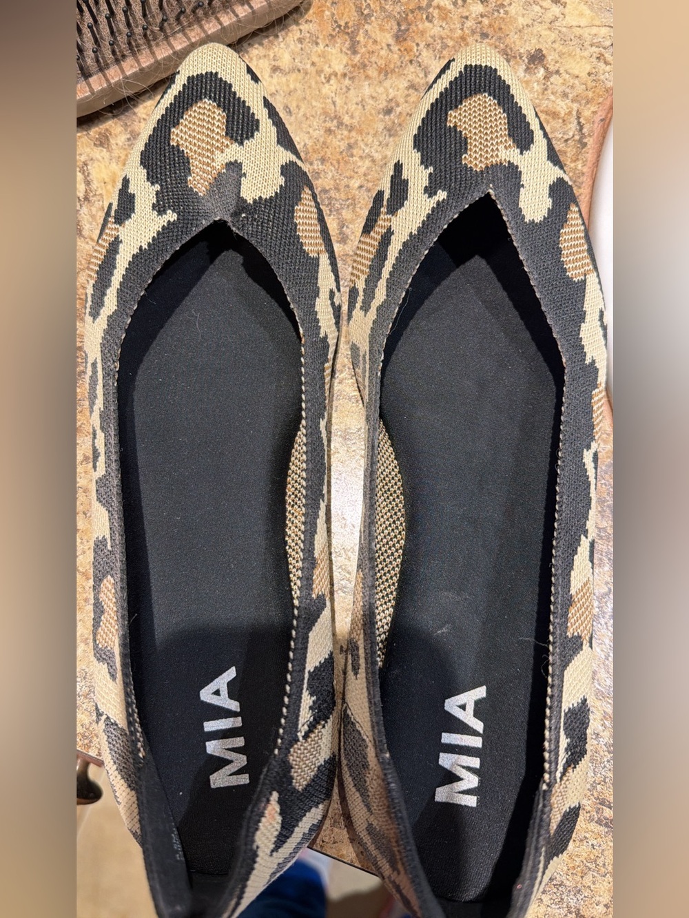 MIA Leopard-Print Pointed Knit Flats in Tan and Black